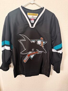 KOHO Black San Jose Sharks Logo Hockey Jersey with Teal & White Accents